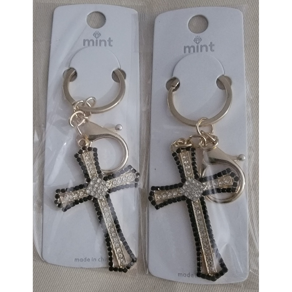 Rhinestone Cross Keychains Gold Tone Black Clear Crystal Gothic NWT 7.00 Each‎